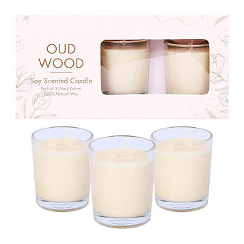 Oud Wood 100% Natural Soy Wax Votive Candles – Set of 3 Glass Jars