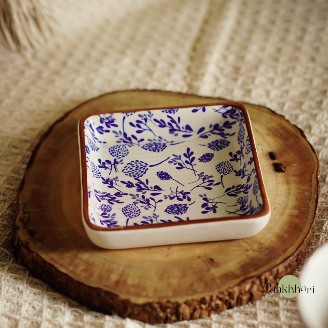 Floral Blue Ceramic Square Snack Platter Set of 3