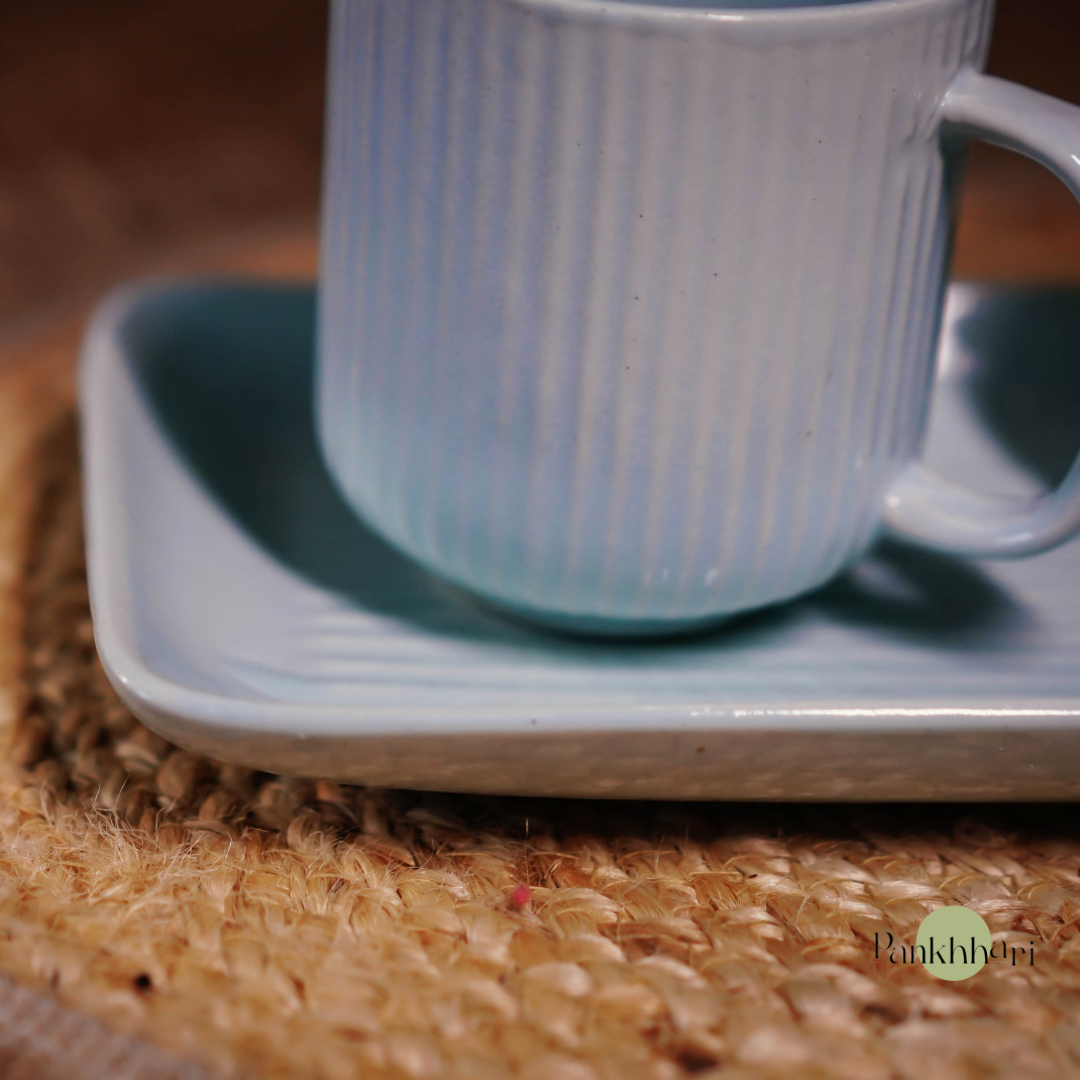 Stripped Ceramic Mug (Set of 3) with Tray Set (250 ml, Stripe, Ceramic)