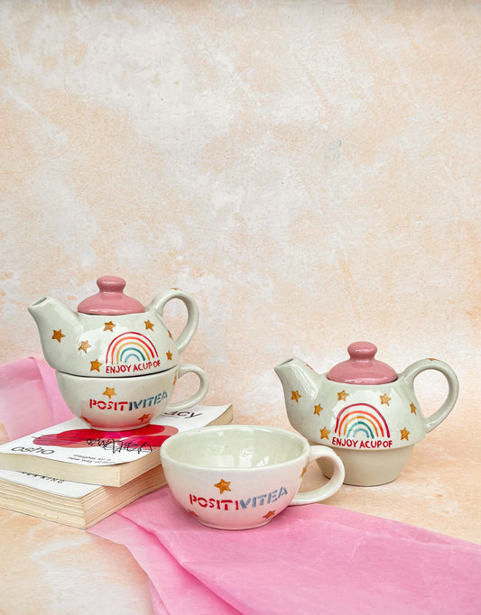 Handmade Rainbow Ceramic Kettle & Cup Set – Cozy Aesthetic Tea Time for One