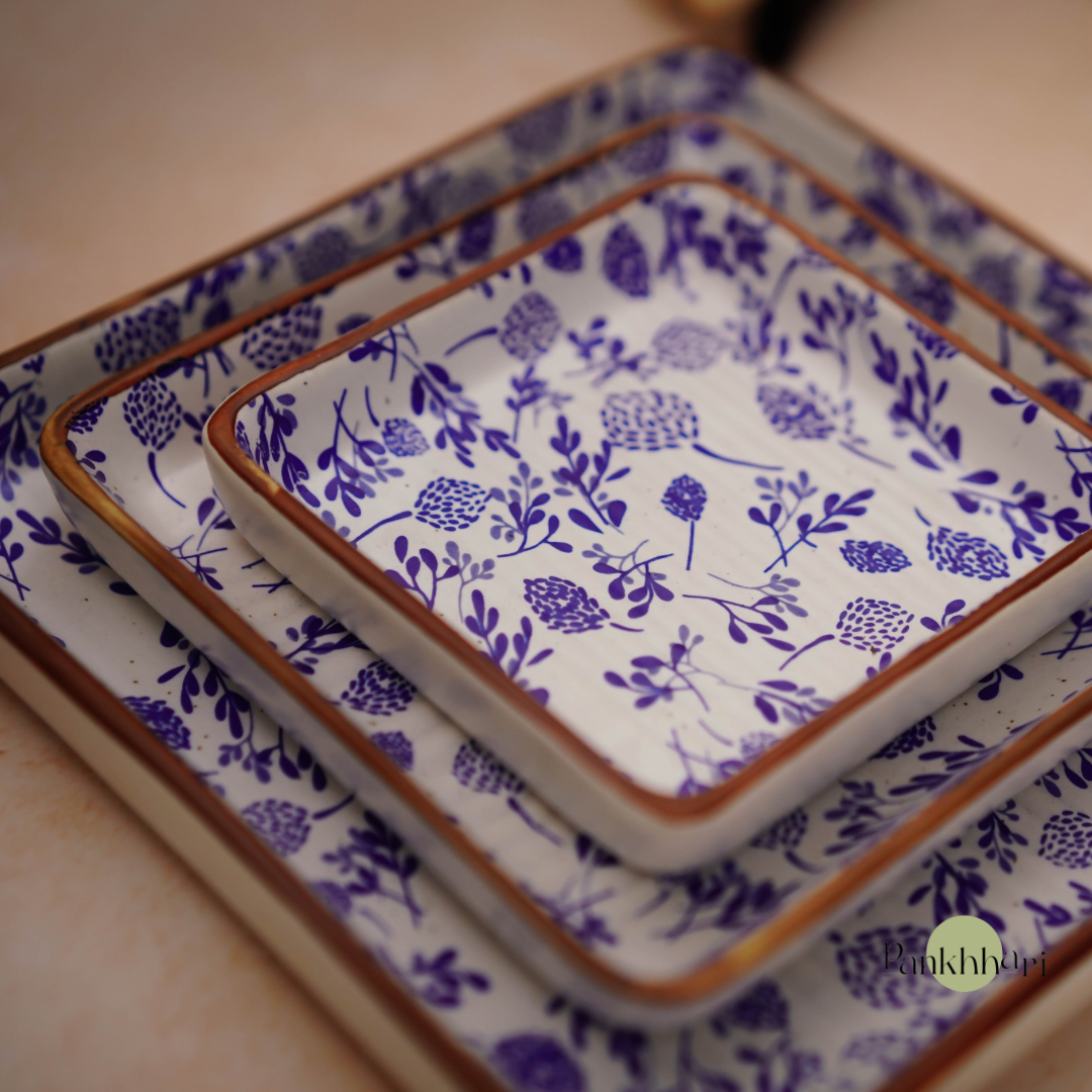 Floral Blue Ceramic Square Snack Platter Set of 3