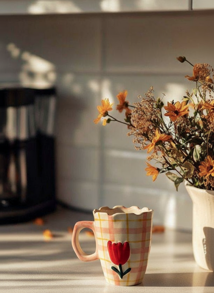 Blush Tulip Check Ceramic Mug
