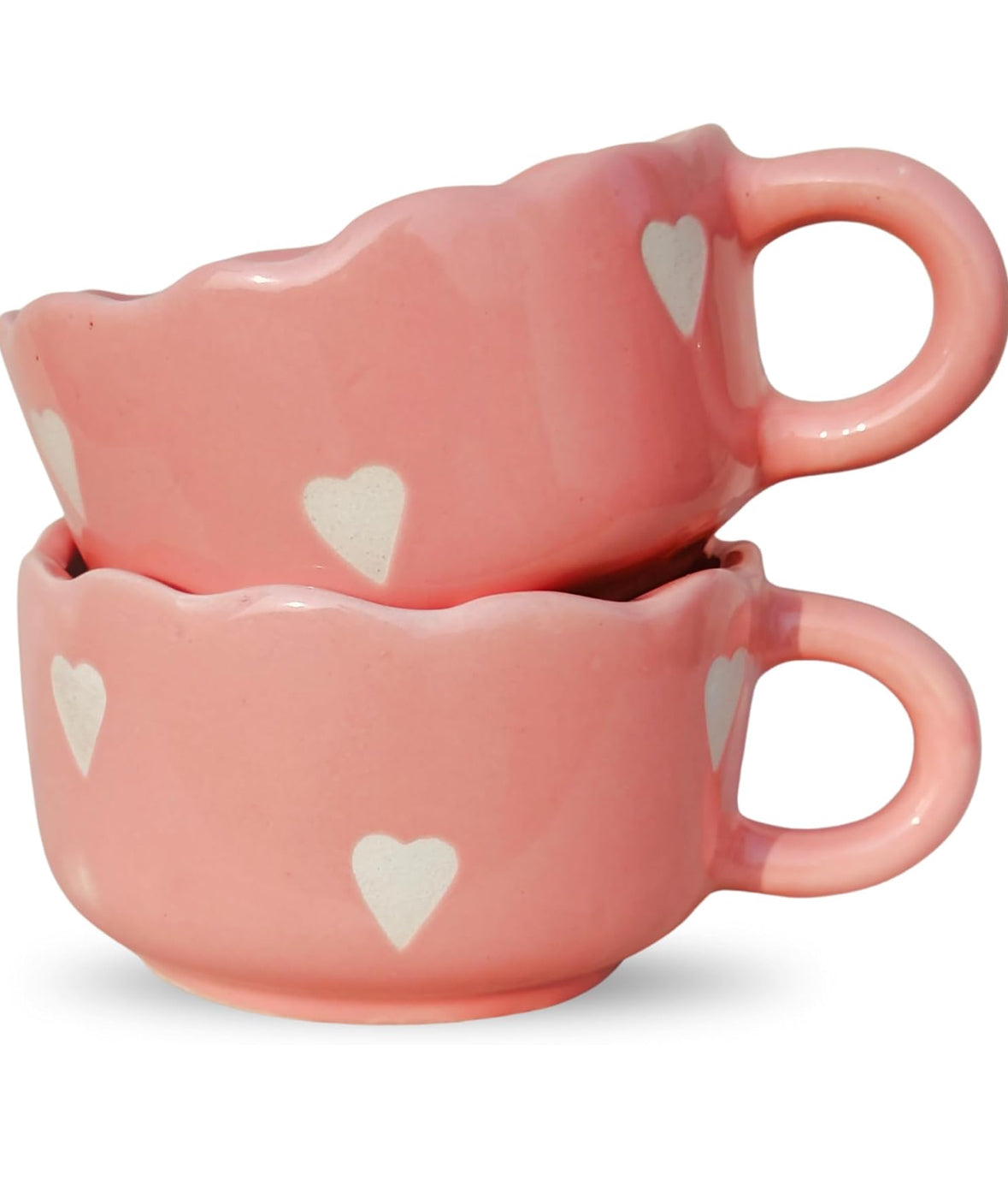 Pink Aesthetic Ceramic Coffee Mug with Hearts | Cute Cappuccino Latte Cup | Handmade Scalloped Rim Mug | Microwave Dishwasher Safe | Gift Mug for Girls | Pankhhari
