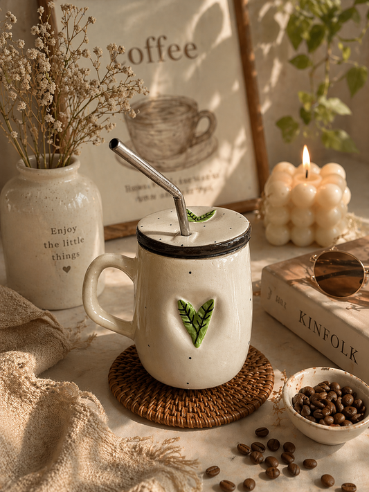 Sage Leaf Handpainted Ceramic Sipper Mug with Lid & Steel Straw
