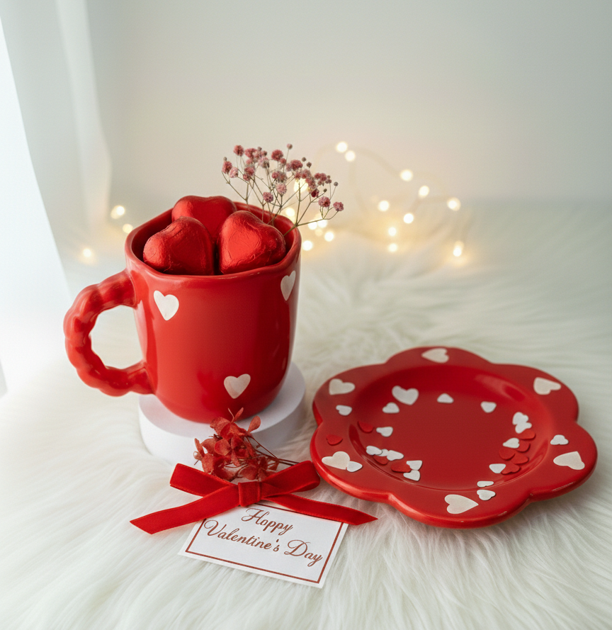 Valentine Heart Mug & Saucer Set | Romantic Ceramic Coffee Cup Gift