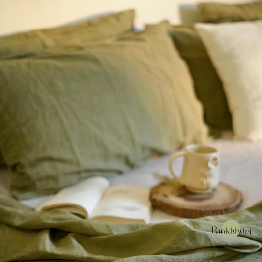 Linen King Size Bedsheet - Olive Green