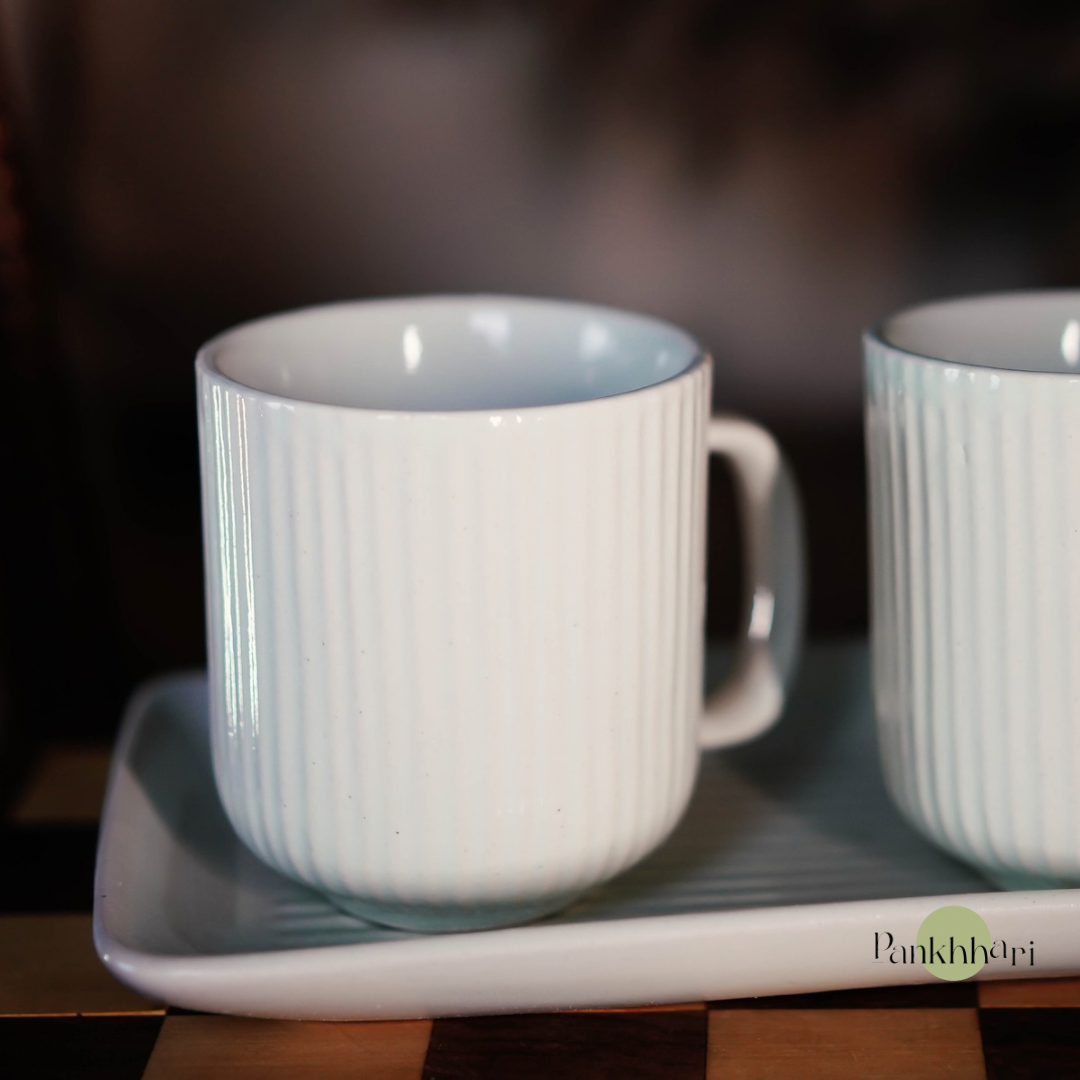 Stripped Ceramic Mug (Set of 3) with Tray Set (250 ml, Stripe, Ceramic)