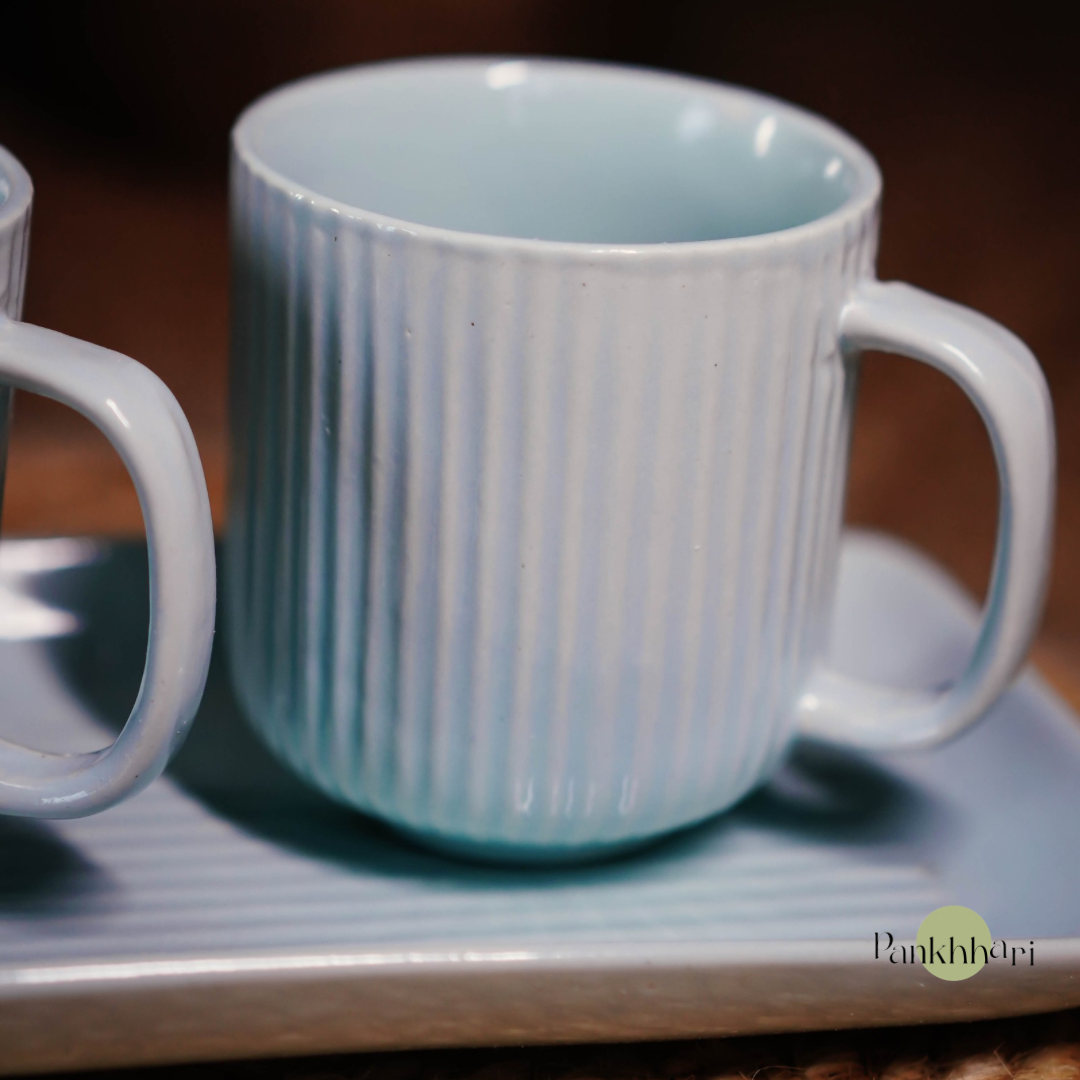Stripped Ceramic Mug (Set of 3) with Tray Set (250 ml, Stripe, Ceramic)