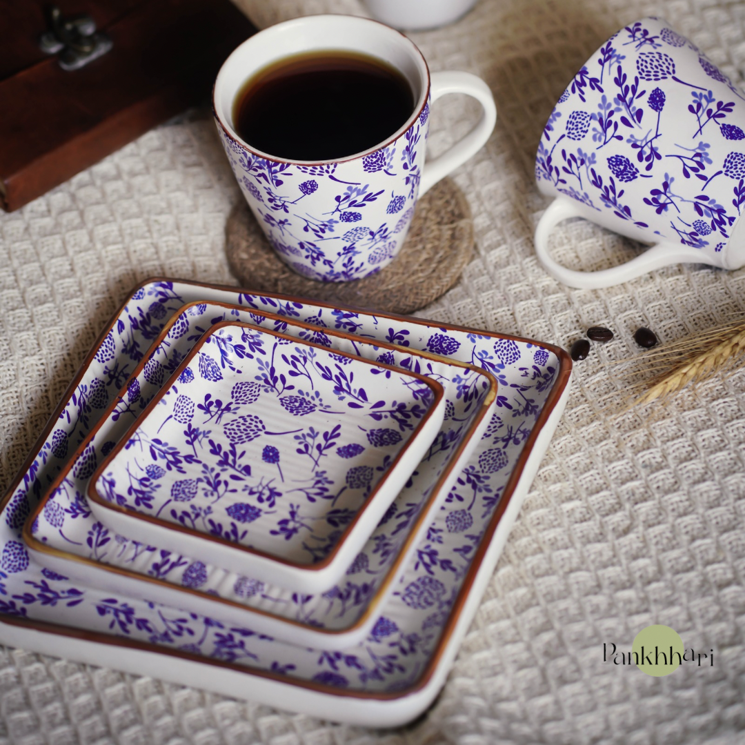 Floral Blue Ceramic Square Snack Platter Set of 3