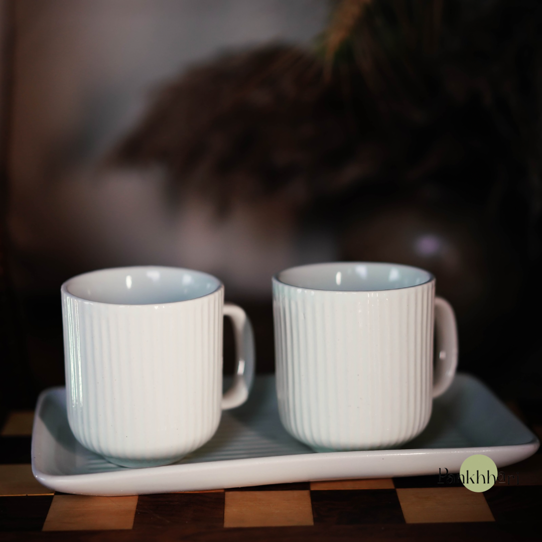 Stripped Ceramic Mug (Set of 3) with Tray Set (250 ml, Stripe, Ceramic)