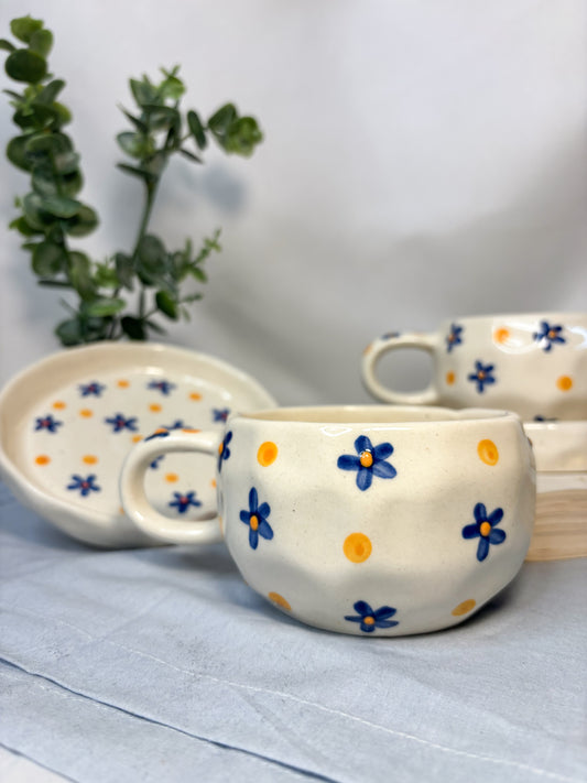 Handmade Ceramic Cup with Saucer – Blue Daisy & Sunshine Dots | Pankhhari Home