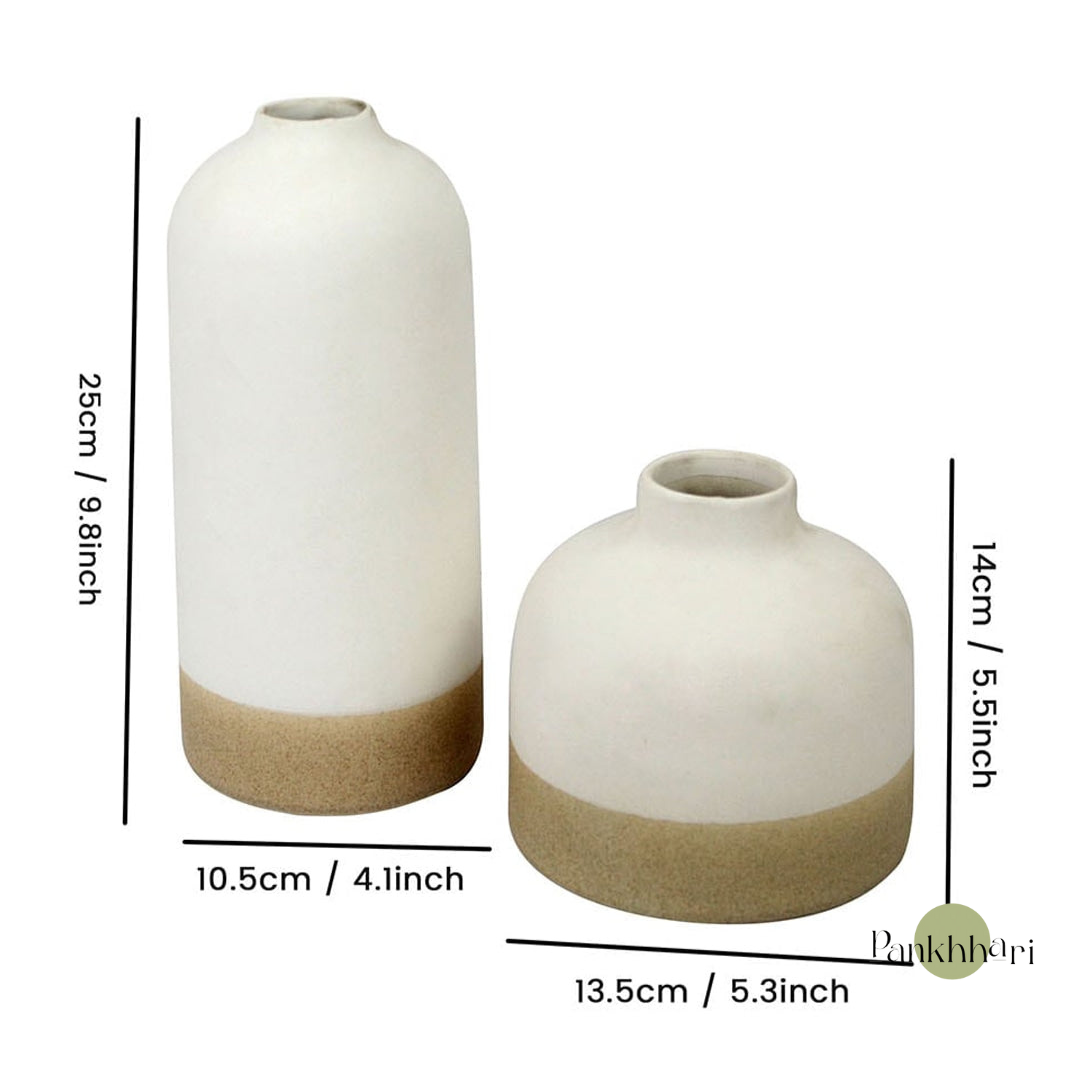 Rustic White and Brown Ceramic Vase Set Of 2