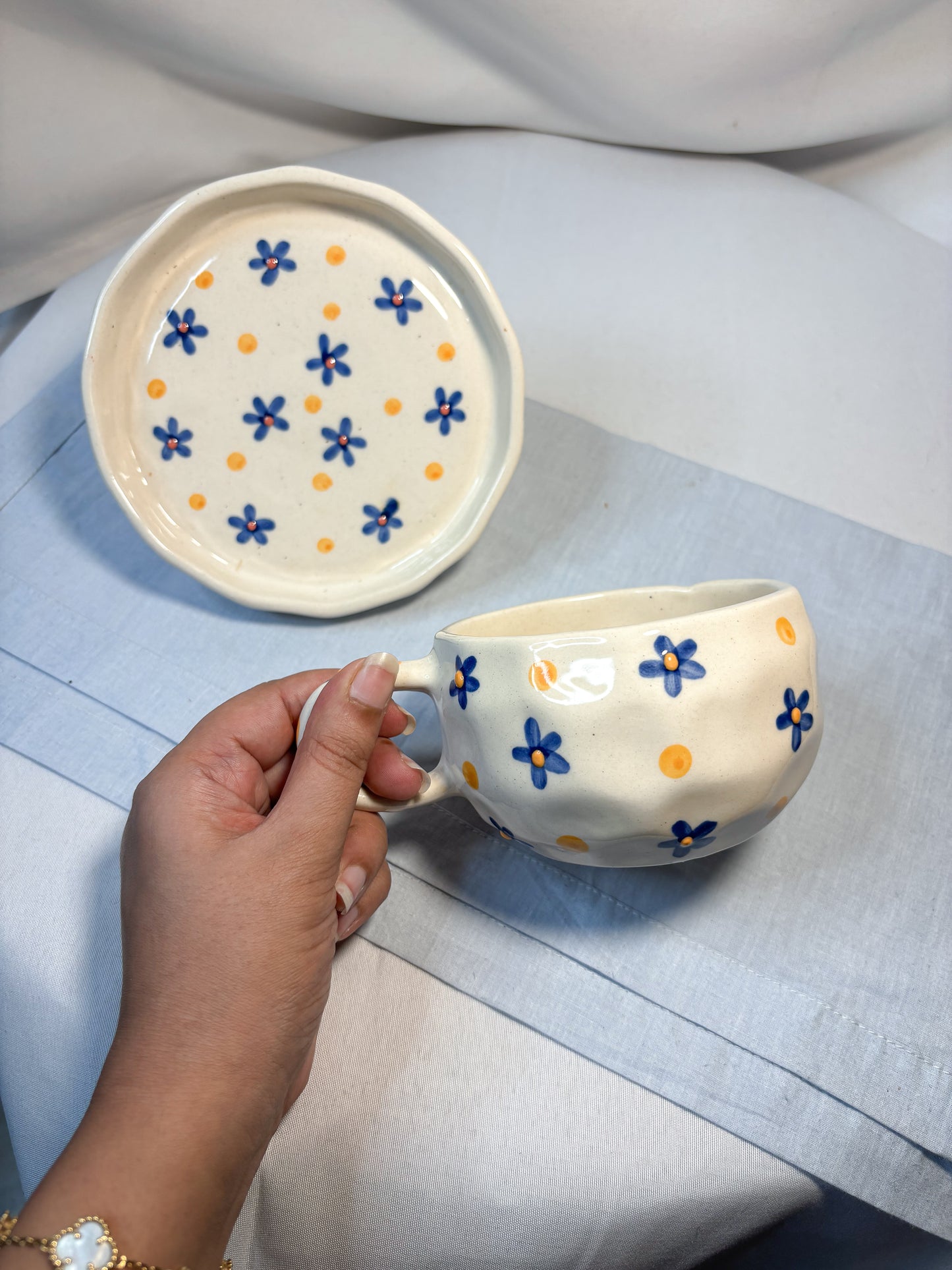 Handmade Ceramic Cup with Saucer – Blue Daisy & Sunshine Dots | Pankhhari Home