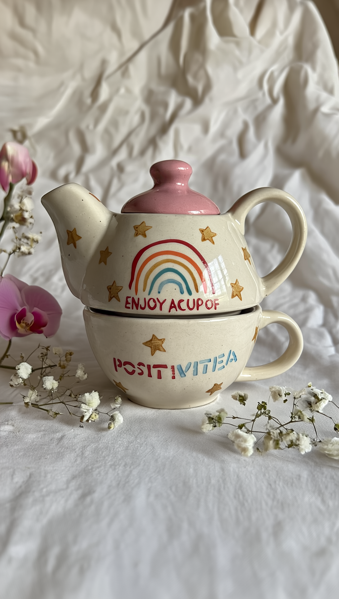 Handmade Rainbow Ceramic Kettle & Cup Set – Cozy Aesthetic Tea Time for One