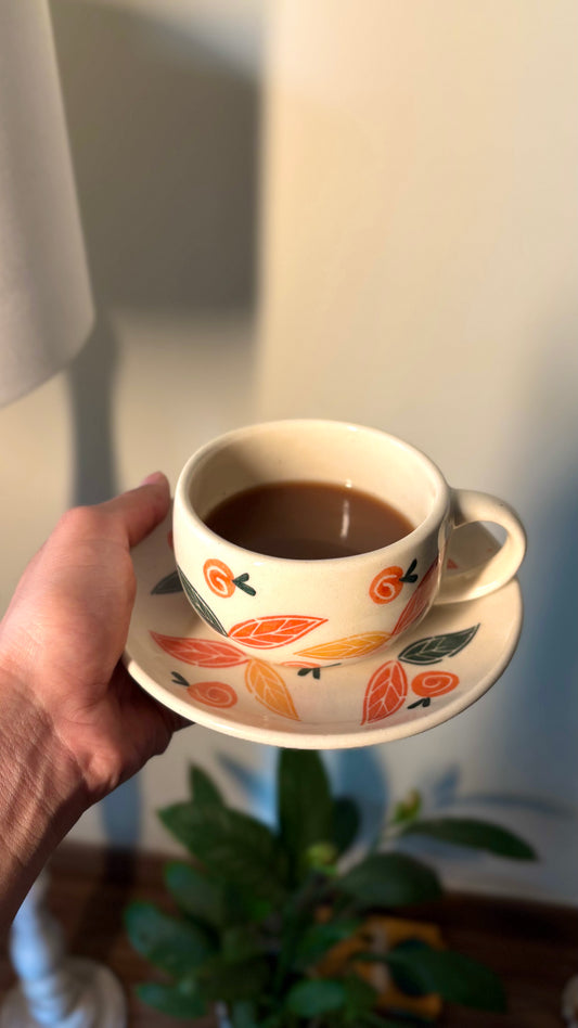Floral ceramic tea cup saucer set detail – microwave safe handmade cup by Pankhhari