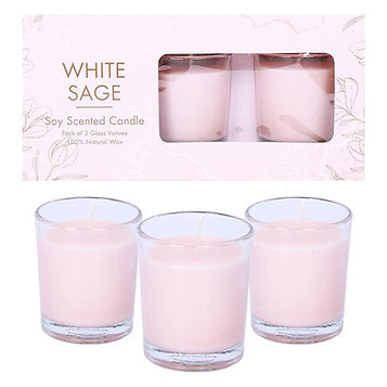 White Sage 100% Natural Soy Wax Votive Candles – Set of 3 Glass Jars