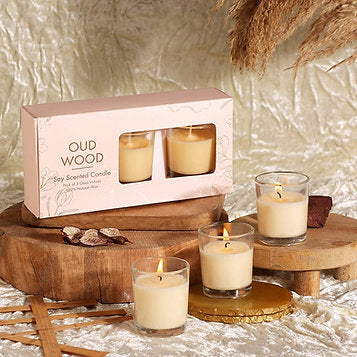 Oud Wood 100% Natural Soy Wax Votive Candles – Set of 3 Glass Jars