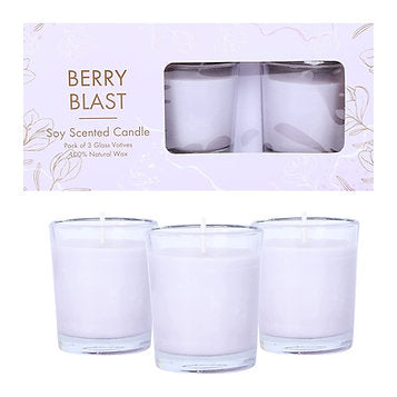 Berry Blast 100% Natural Soy Wax Votive Candles – Set of 3 Glass Jars