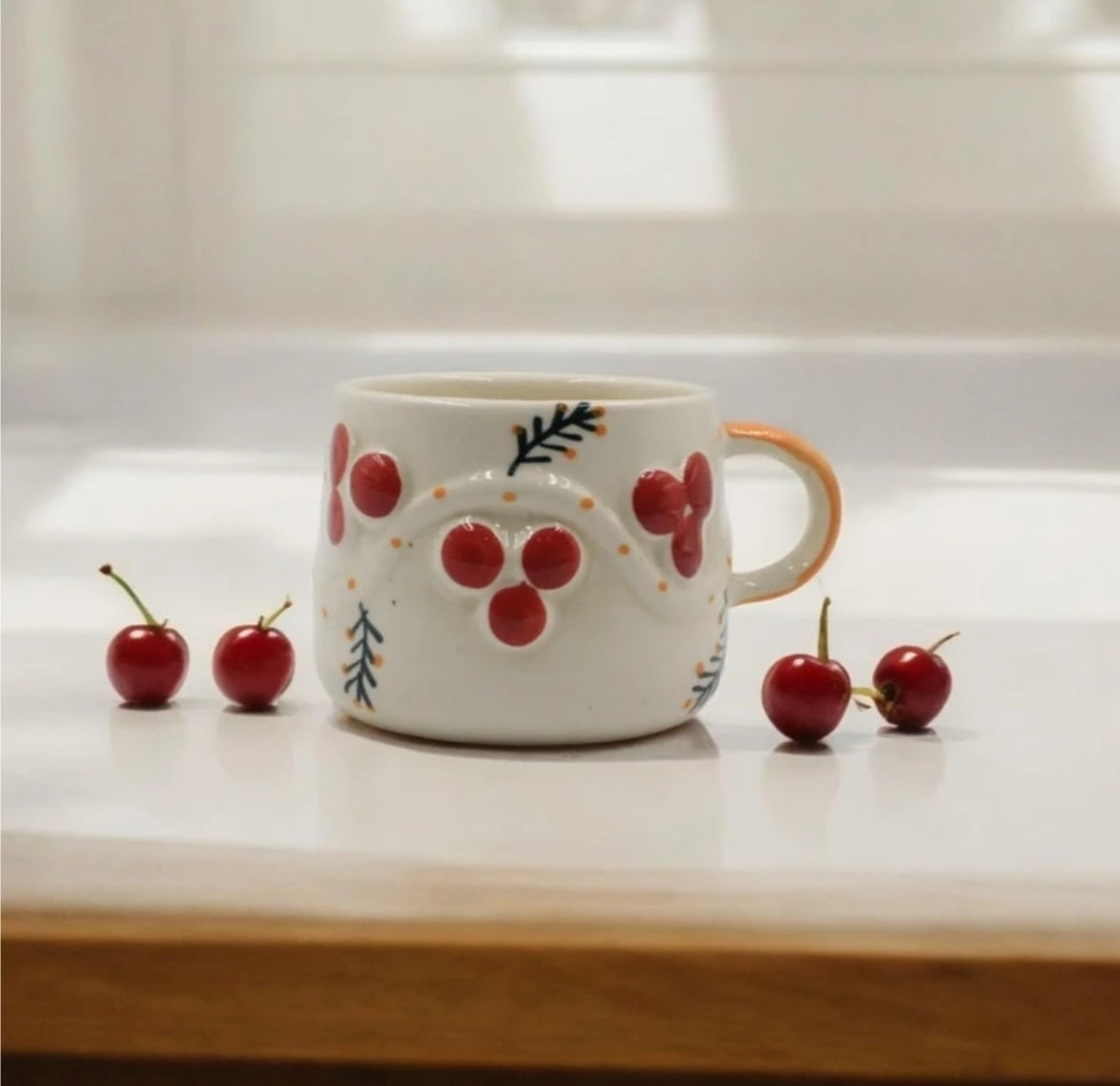 Hand-Painted Ceramic Coffee Mug – Cozy Berry Print Artisan Tea Cup