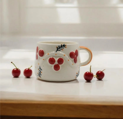 Hand-Painted Ceramic Coffee Mug – Cozy Berry Print Artisan Tea Cup