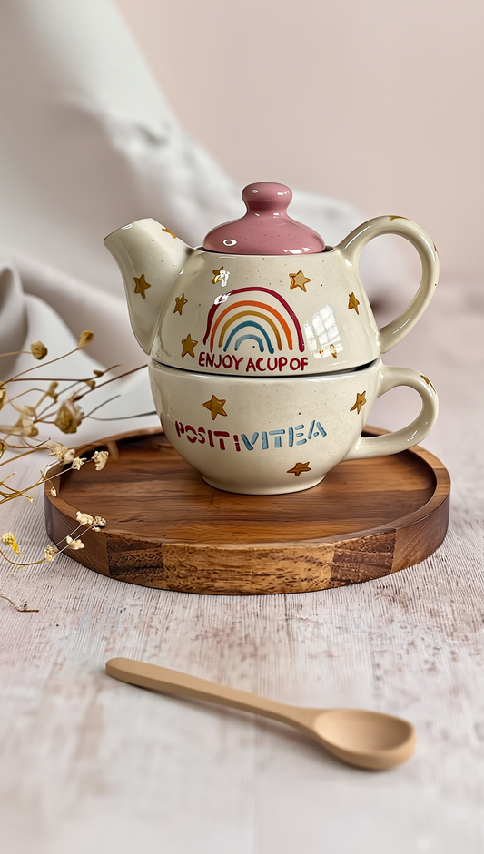 Handmade Rainbow Ceramic Kettle & Cup Set – Cozy Aesthetic Tea Time for One