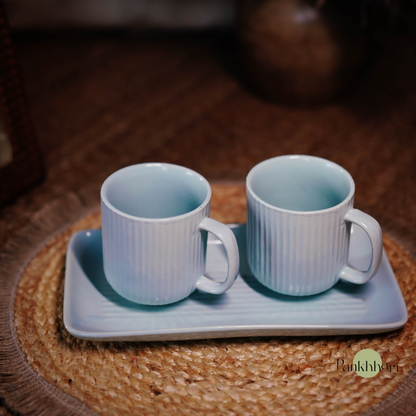 Stripped Ceramic Mug (Set of 3) with Tray Set (250 ml, Stripe, Ceramic)