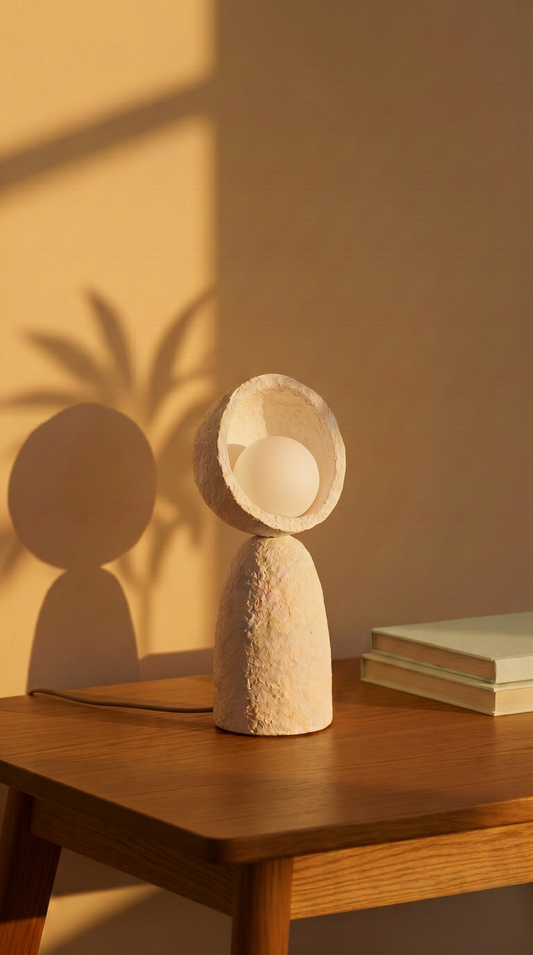 Orb of Serenity 17-inch sculptural table lamp in a modern living room – Pankhhari India