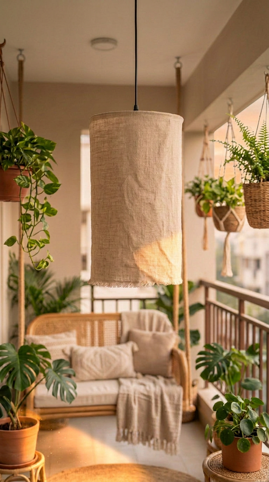 Rustic Aura 24x14 inch handcrafted pendant ceiling light in a living room – Pankhhari India