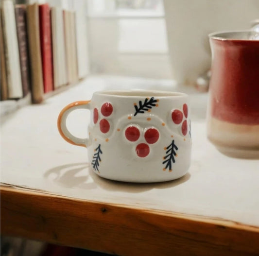 Hand-Painted Ceramic Coffee Mug – Cozy Berry Print Artisan Tea Cup