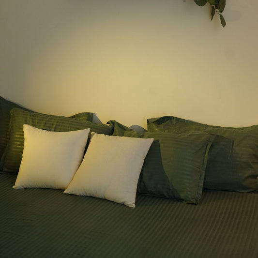 Stripe Olive Green Queen Size Cotton Bedsheet Set with Pillow Covers