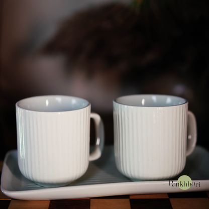 Stripped Ceramic Mug (Set of 3) with Tray Set (250 ml, Stripe, Ceramic)