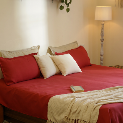 Solid Cherry Queen Size Cotton Bedsheet Set with Pillow Covers
