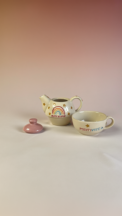 Handmade Rainbow Ceramic Kettle & Cup Set – Cozy Aesthetic Tea Time for One