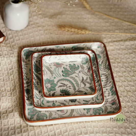 Floral Mint Green Ceramic Square Snack Platter Set of 3