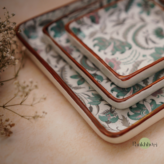 Floral Mint Green Ceramic Square Snack Platter Set of 3