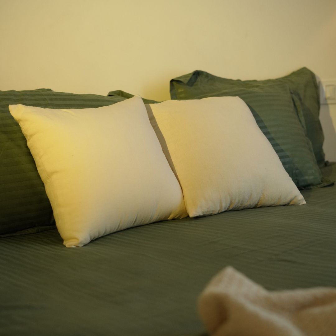 Stripe Olive Green Queen Size Cotton Bedsheet Set with Pillow Covers