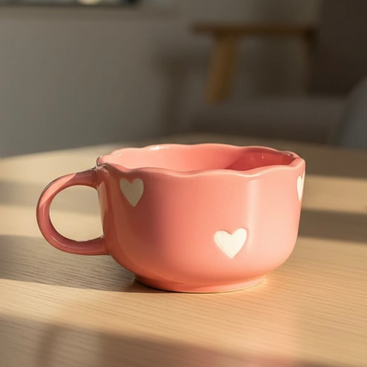 Pink Aesthetic Ceramic Coffee Mug with Hearts | Cute Cappuccino Latte Cup | Handmade Scalloped Rim Mug | Microwave Dishwasher Safe | Gift Mug for Girls | Pankhhari