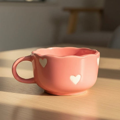 Pink Aesthetic Ceramic Coffee Mug with Hearts | Cute Cappuccino Latte Cup | Handmade Scalloped Rim Mug | Microwave Dishwasher Safe | Gift Mug for Girls | Pankhhari