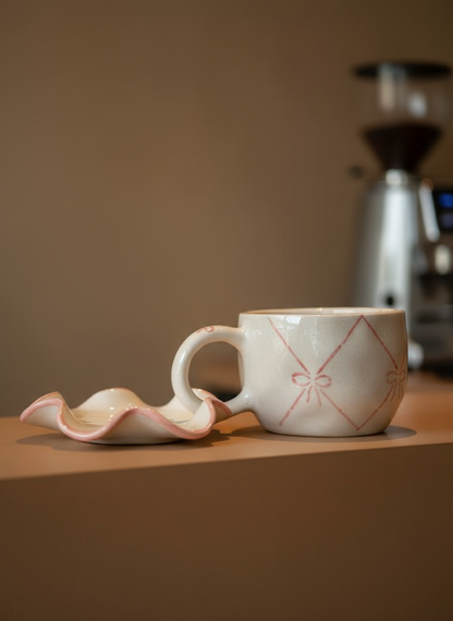Handmade Ceramic Cup & Saucer Set with Pink Bow Design – Minimalist Pottery