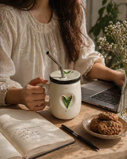 Sage Leaf Handpainted Ceramic Sipper Mug with Lid & Steel Straw