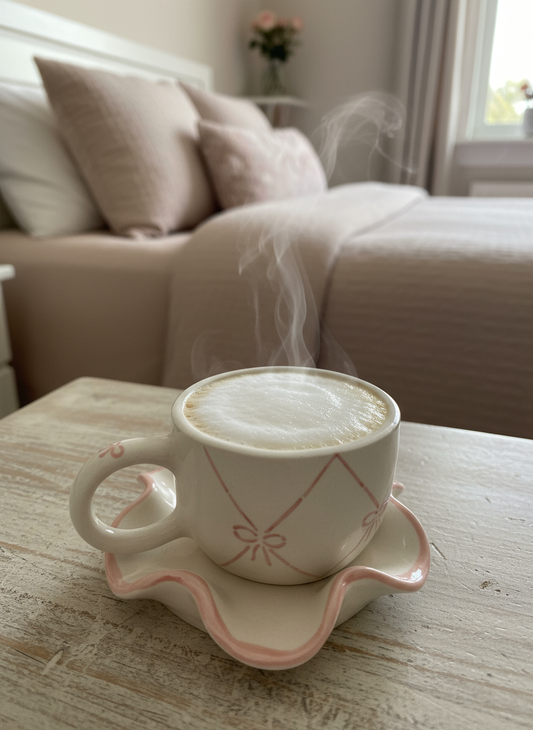 Handmade Ceramic Cup & Saucer Set with Pink Bow Design – Minimalist Pottery