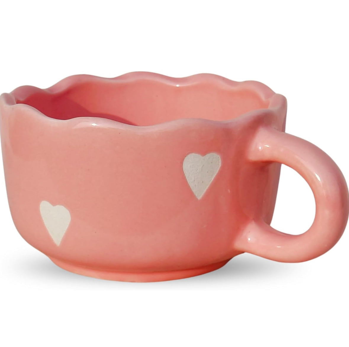 Pink Aesthetic Ceramic Coffee Mug with Hearts | Cute Cappuccino Latte Cup | Handmade Scalloped Rim Mug | Microwave Dishwasher Safe | Gift Mug for Girls | Pankhhari