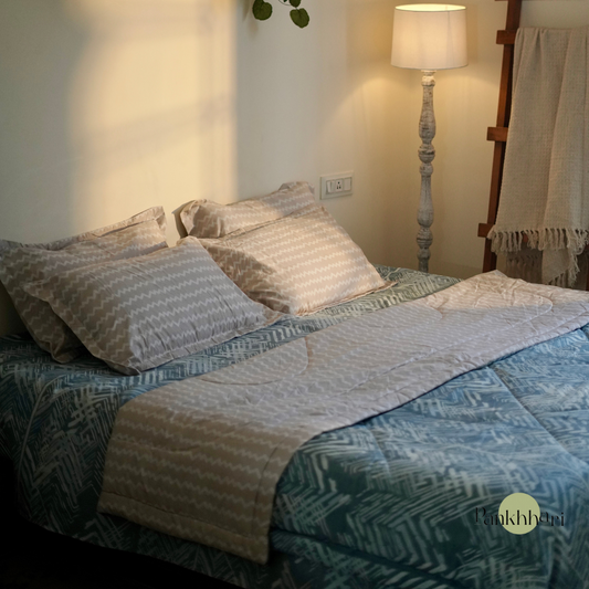Abstract Reversible Comforter Set of 4 - Blue Beige
