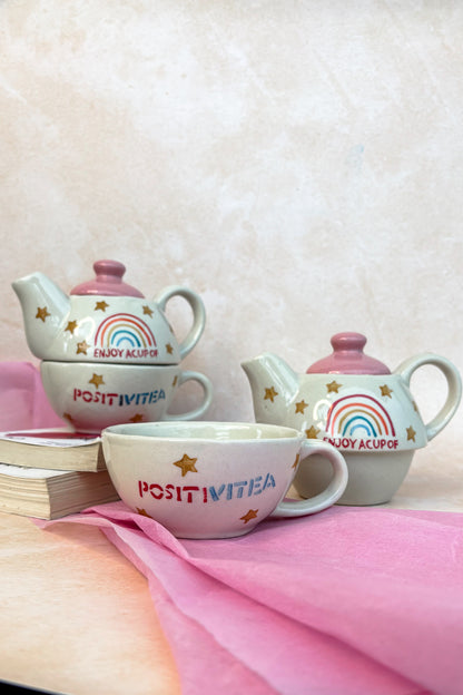 Handmade Rainbow Ceramic Kettle & Cup Set – Cozy Aesthetic Tea Time for One
