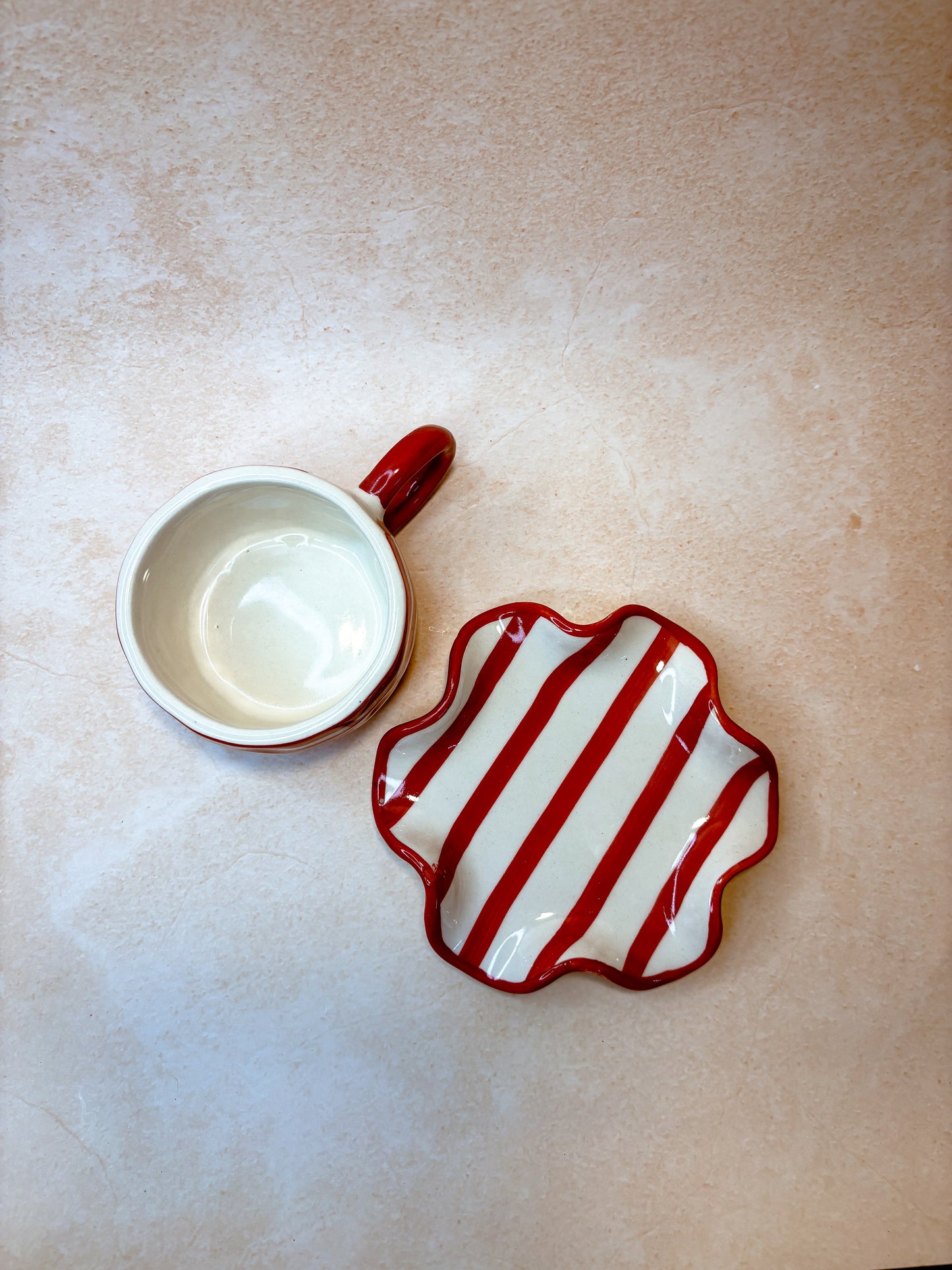Candy Stripe Mug Set – Red & White Handcrafted Ceramic Coffee & Tea Cup with Plate