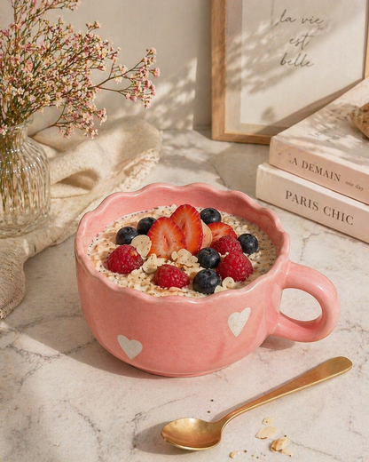 Pink Aesthetic Ceramic Coffee Mug with Hearts | Cute Cappuccino Latte Cup | Handmade Scalloped Rim Mug | Microwave Dishwasher Safe | Gift Mug for Girls | Pankhhari