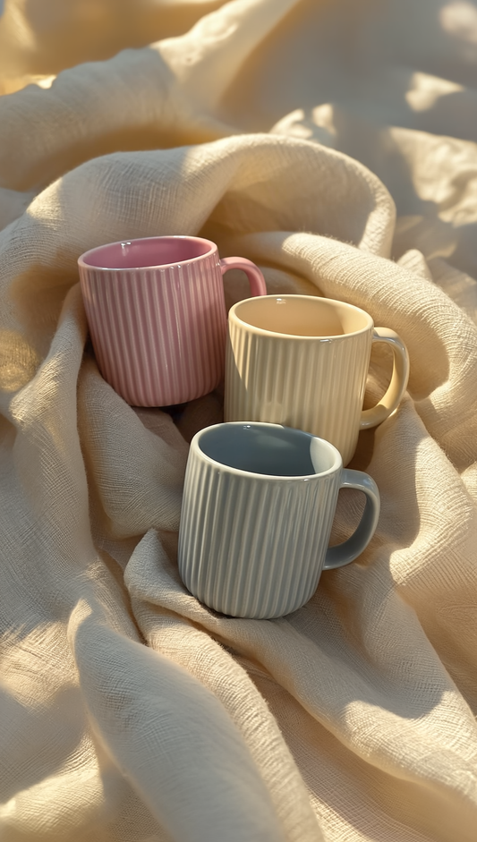 Luxury Ribbed Ceramic Mug – Pastel Butter Yellow, Blush Pink & Grey Blue