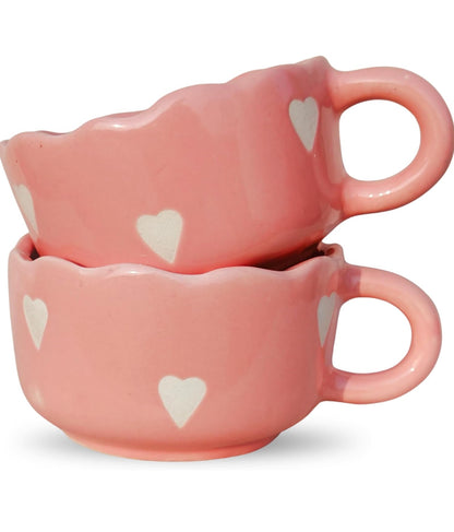 Pink Aesthetic Ceramic Coffee Mug with Hearts | Cute Cappuccino Latte Cup | Handmade Scalloped Rim Mug | Microwave Dishwasher Safe | Gift Mug for Girls | Pankhhari
