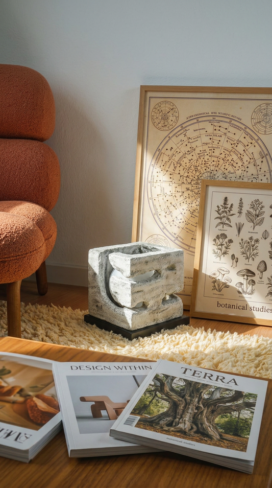 Modern rock cube table lamp on a wooden bedside table – eco handmade lamp by Pankhhari India