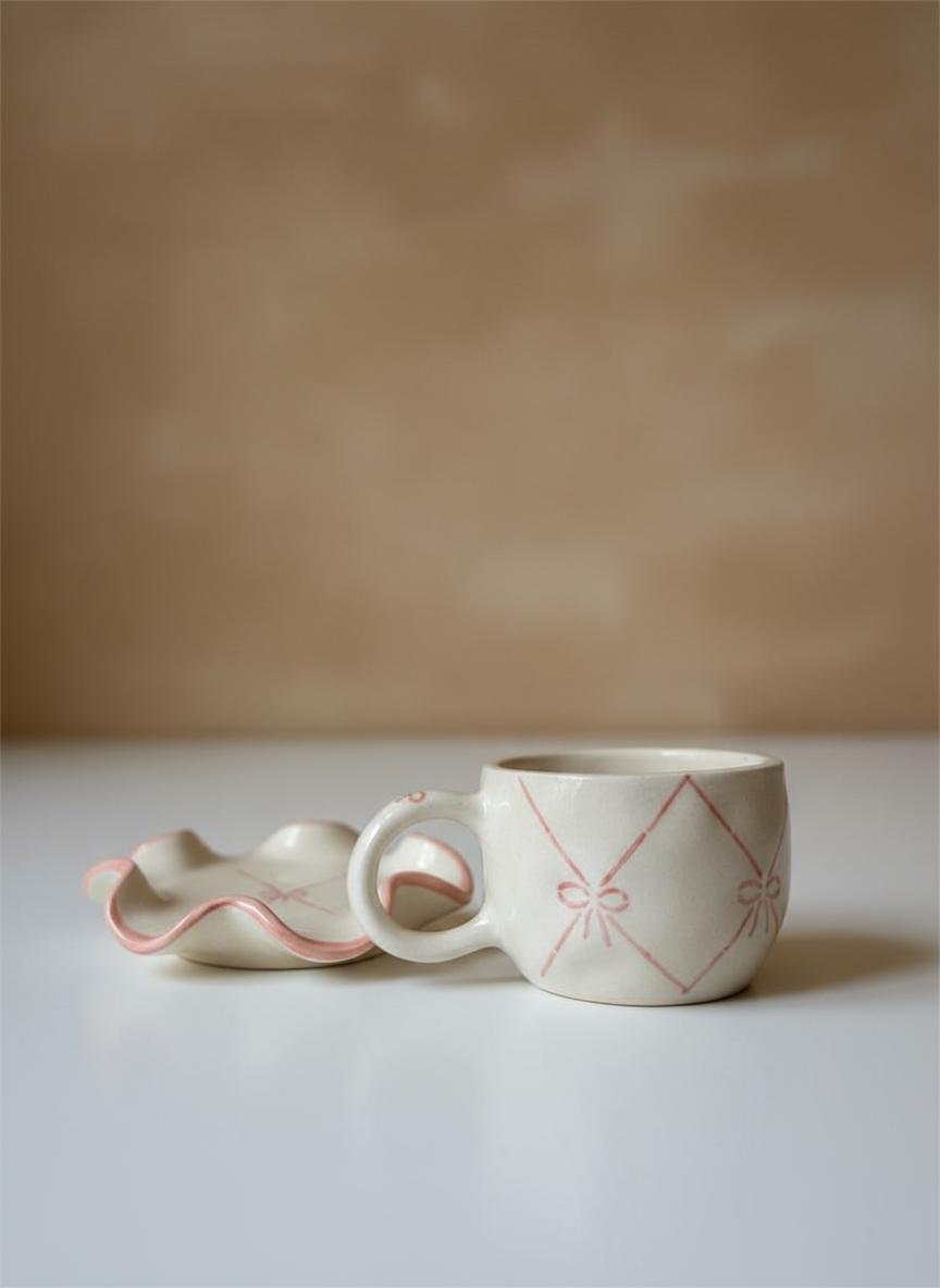 Handmade Ceramic Cup & Saucer Set with Pink Bow Design – Minimalist Pottery